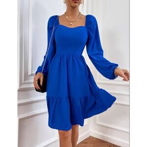 Nanette Lepore Mini Dress WMNS 8 Cobalt Blue Smocked Long Puff Sleeve Ruffle Hem
